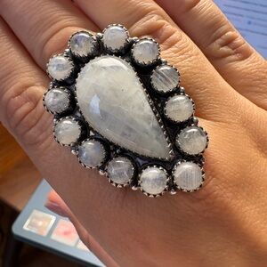 Teardrop Moonstone Halo Ring - Iridescent White Gemstone